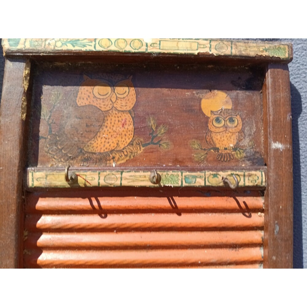 Folk Art Owl Washboard Key Rack Vintage Primitive Rustic Country Wall Décor - Picture 3 of 6